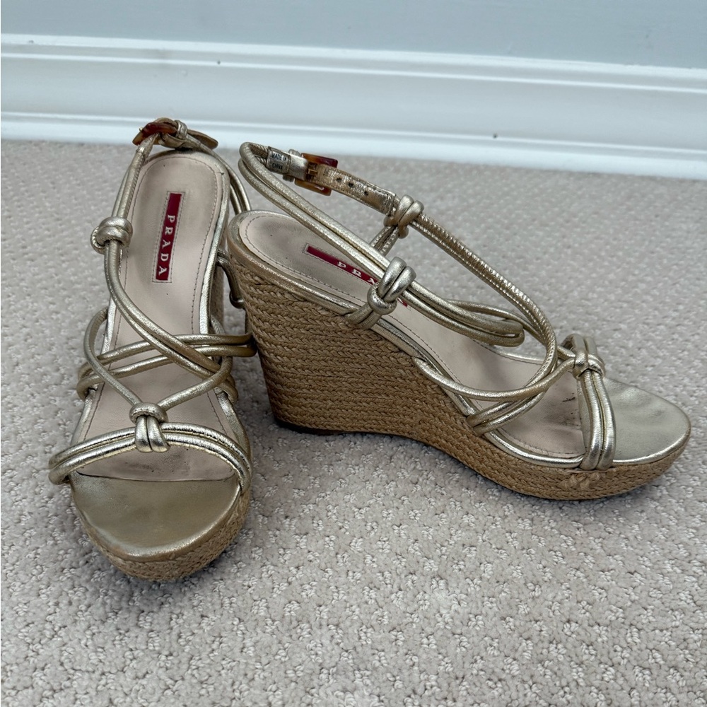 Prada Metallic Gold Wedge Sandals